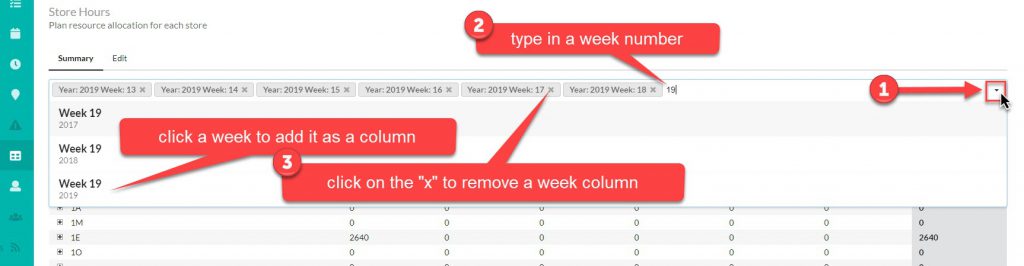 Use the weeks drop-down to add and remove week columns
