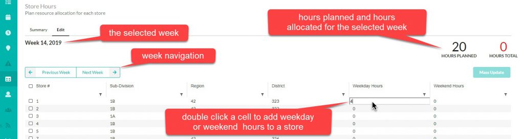 On the edit page, you can navigate to different weeks and allocate hours to stores