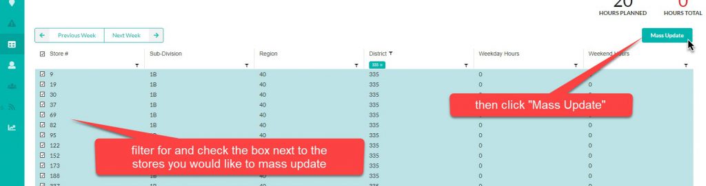 Check off the stores you wish to mass update and click the Mass Update button